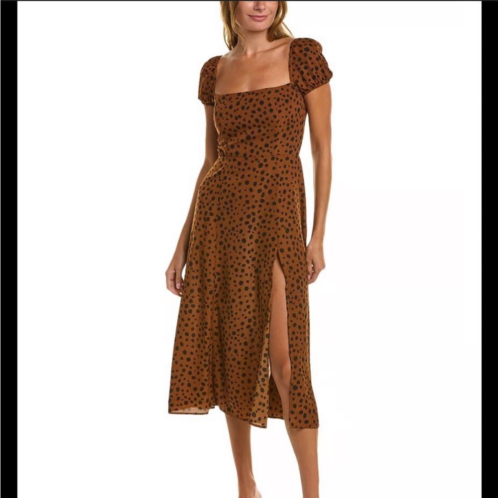 JL Luxe Cyra Cheetah Animal Print Midi Dress‎ Womens 4 Brown Square Neck Smocked